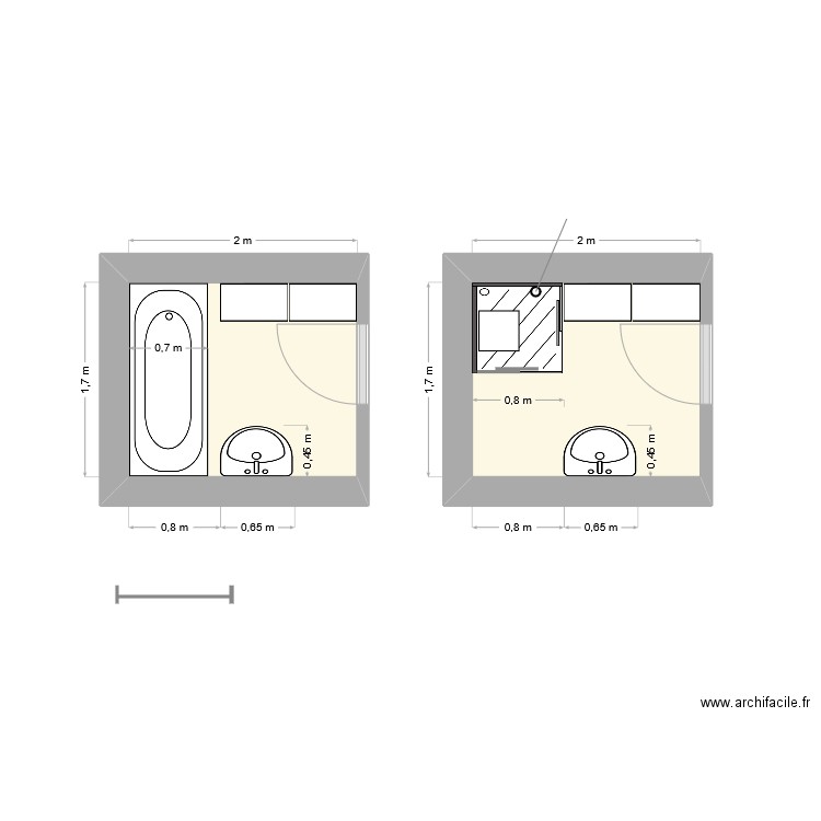 sdb. Plan de 2 pièces et 7 m2