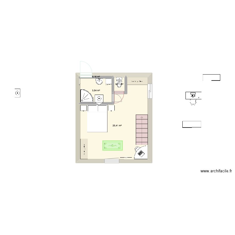 chambre avec sdb+wc. Plan de 4 pièces et 25 m2