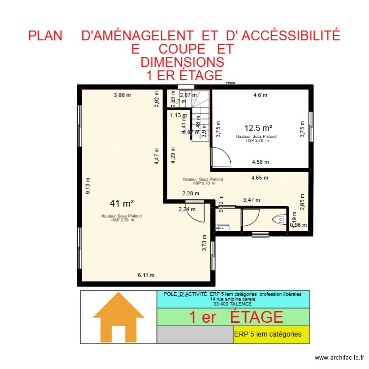 plan de coupe et dimension 1 er étage. Plan de 5 pièces et 84 m2