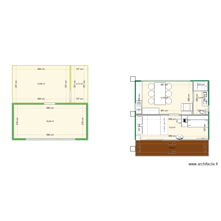 conteneur 20 pieds. Plan de 7 pièces et 69 m2