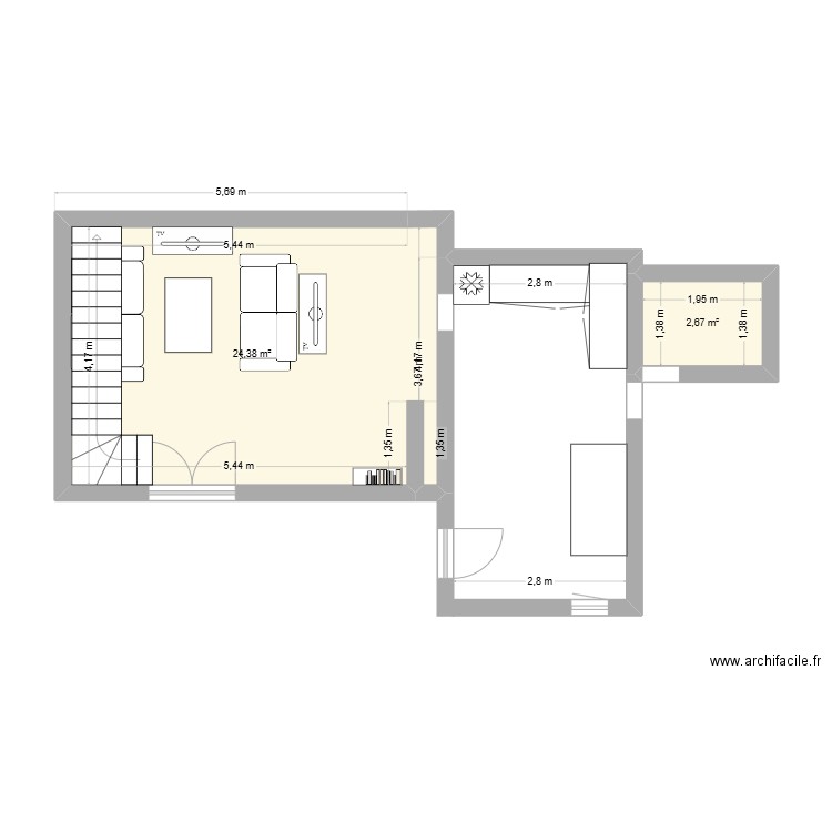 Maison. Plan de 2 pièces et 27 m2