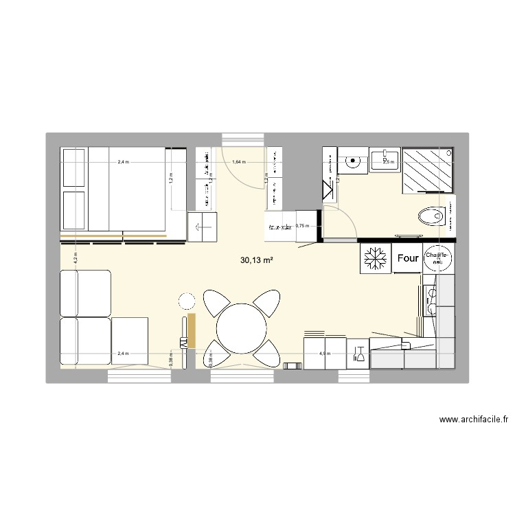Biarritz 6 canapés repliés. Plan de 1 pièce et 30 m2