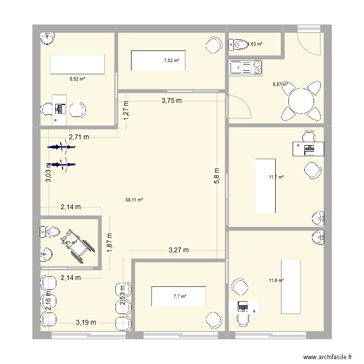 cabinet kiné. Plan de 9 pièces et 99 m2