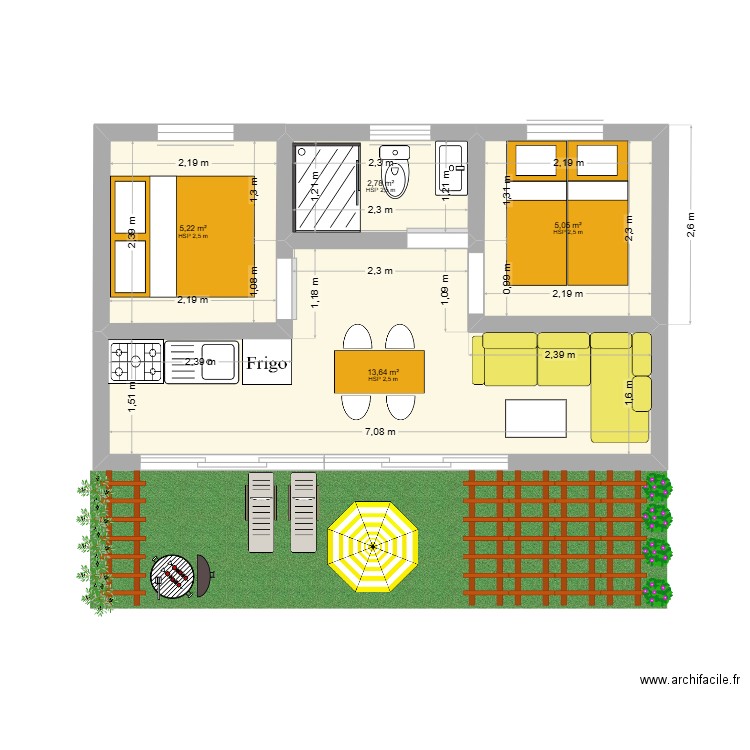 Modèle 34 m². Plan de 4 pièces et 27 m2