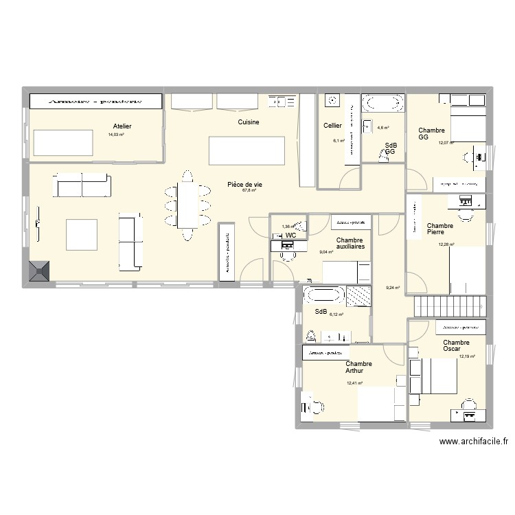 Plan L pour MDP. Plan de 12 pièces et 167 m2