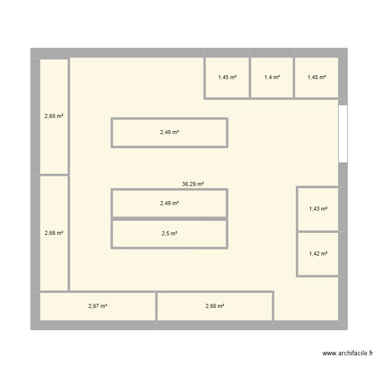 Salle textile. Plan de 13 pièces et 70 m2