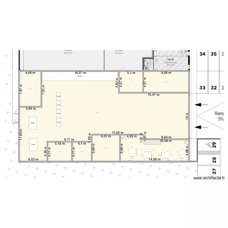 Sch&eacute;ma usine mezzanine V2. Plan de 12  et 1428 m²
