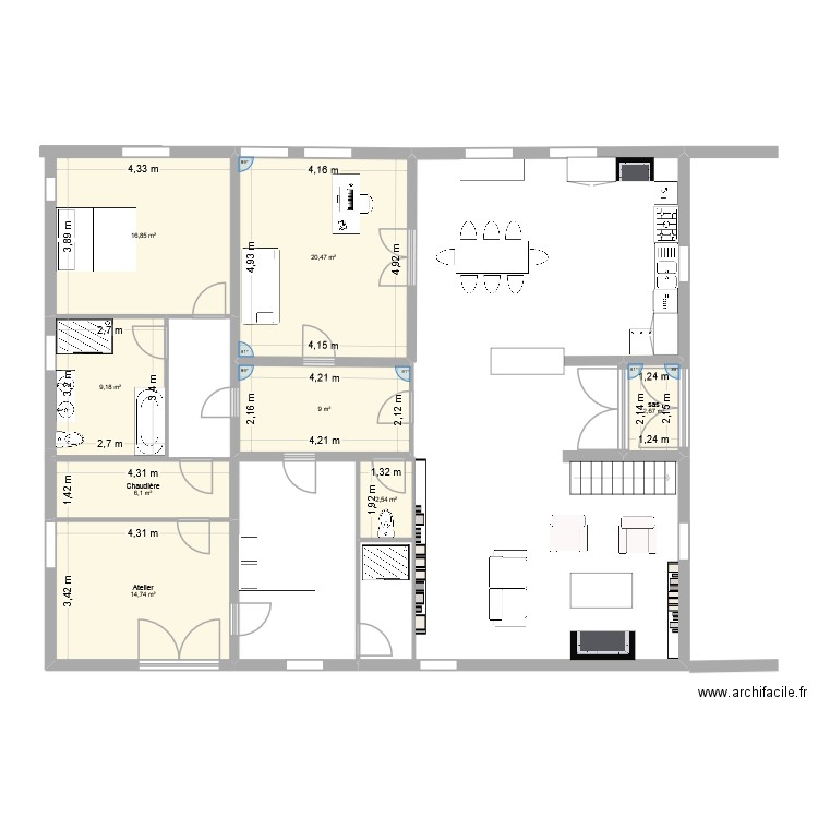 rechou 1. Plan de 8 pièces et 82 m2