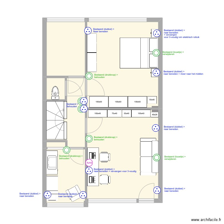 Eerste verdieping. Plan de 7 pièces et 52 m2
