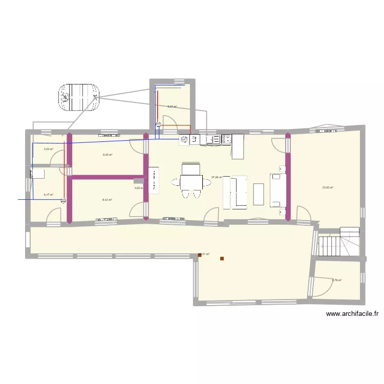 cuisine. Plan de 9  et 143 m²