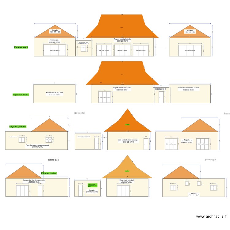 façades droites et gauches. Plan de 2 pièces et 85 m2
