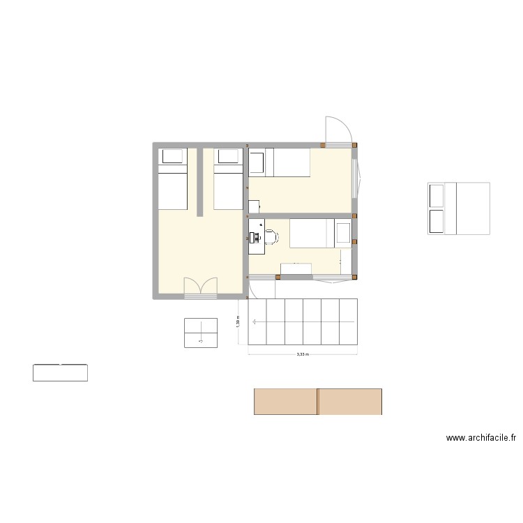Extension Ambany V4. Plan de 3 pièces et 23 m2