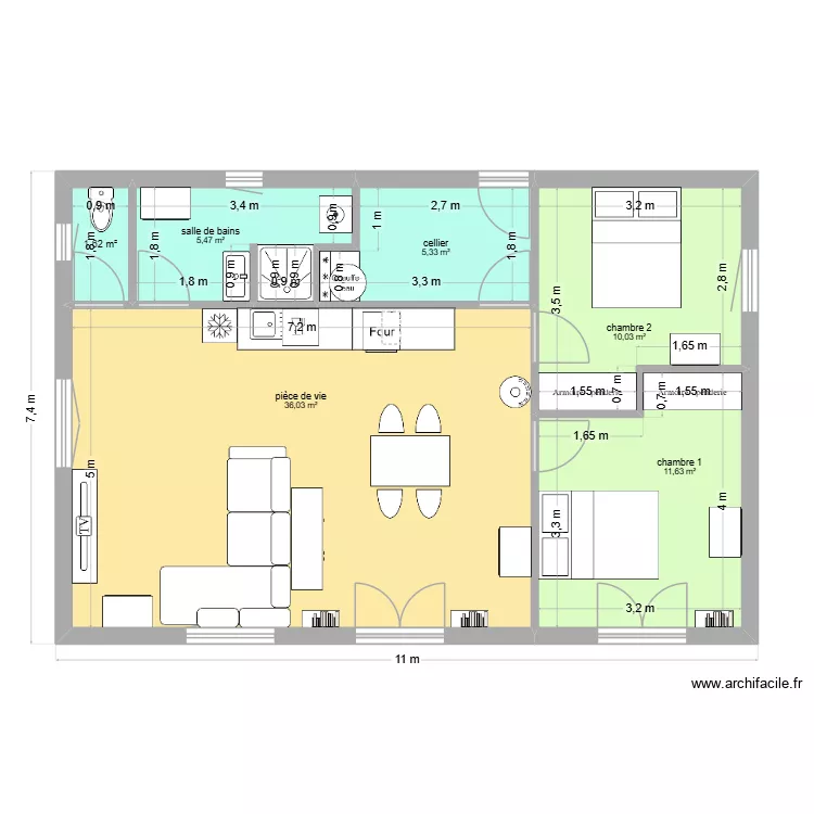 PLAIN PIED 2ch hzl. Plan de 6  et 70 m²