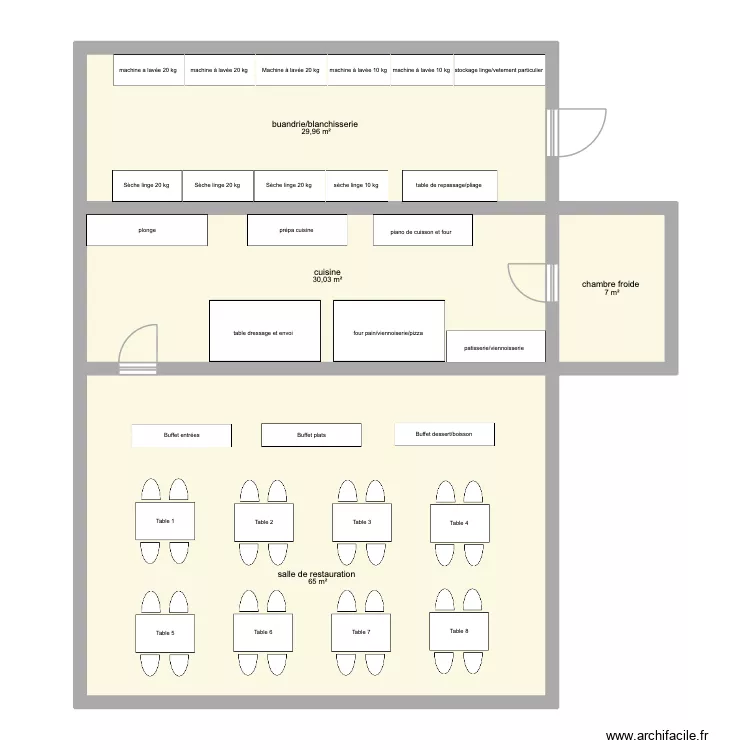 restaurant/blanchisserie. Plan de 4  et 132 m²