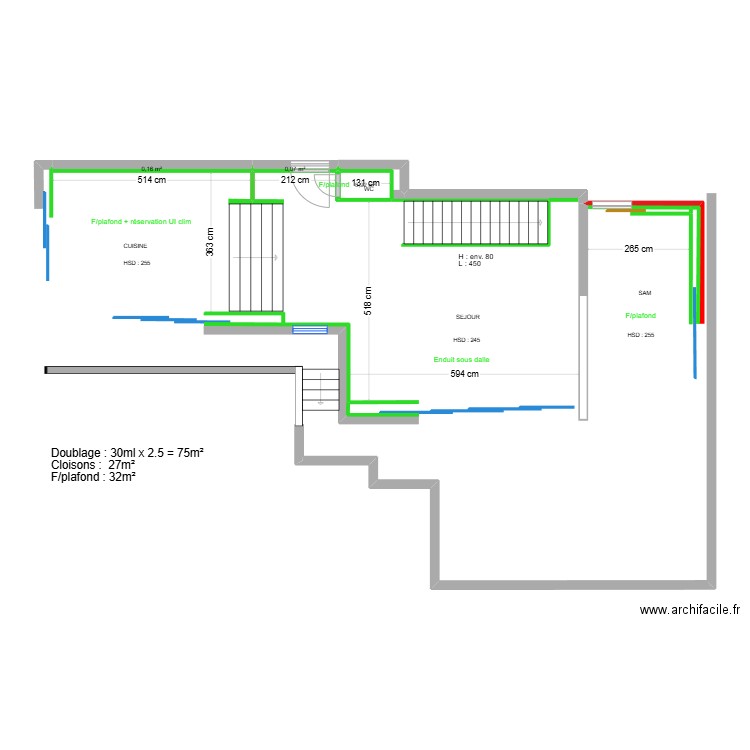 Roc Mer  - R+1 - Cloisonnement. Plan de 3 pièces et 1 m2