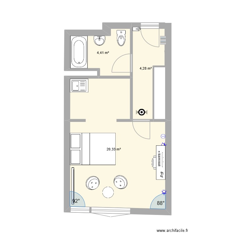 appart. Plan de 3 pièces et 29 m2