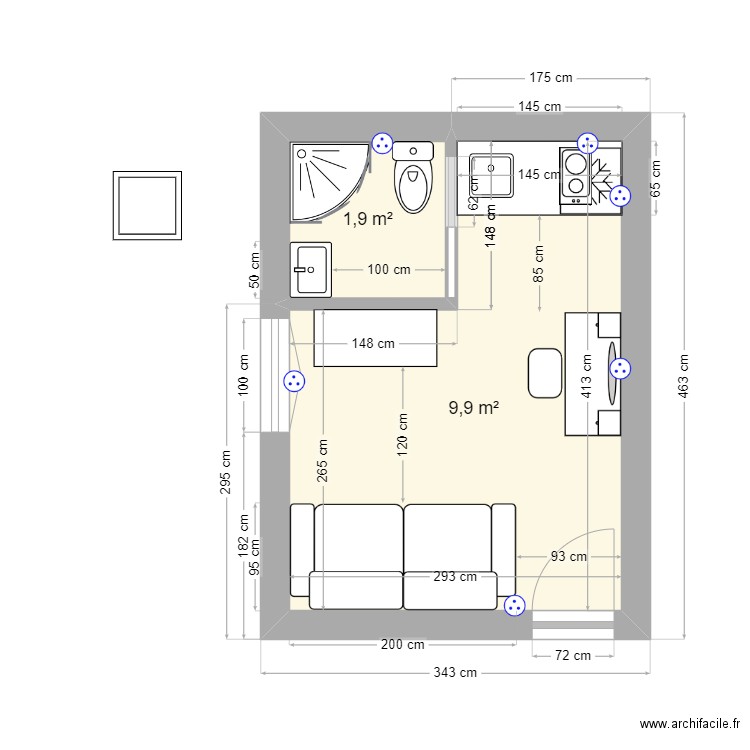 Plan studio - 35004 Porte Galandache SDB. Plan de 2 pièces et 12 m2