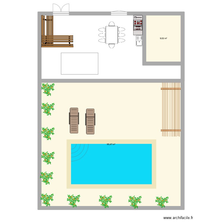 Theza jardin. Plan de 2 pièces et 104 m2