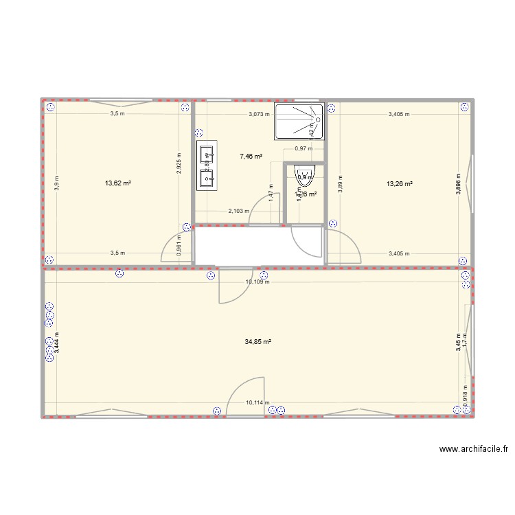 Projet WC depalcé + 1 Piece. Plan de 5 pièces et 70 m2