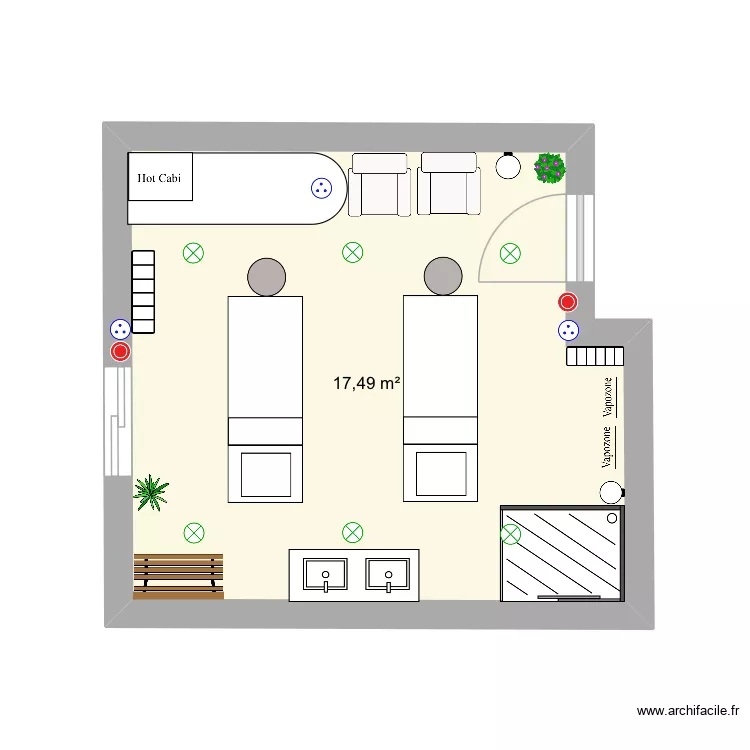 Cabine duo. Plan de 1  et 17 m²