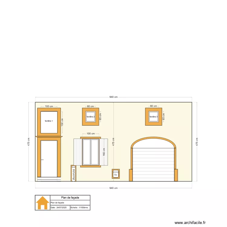 Plan de fa&ccedil;ade avec dimension fen&ecirc;tre. Plan de 