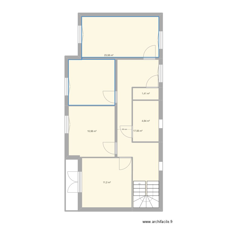 Maison long R+1. Plan de 6 pièces et 69 m2