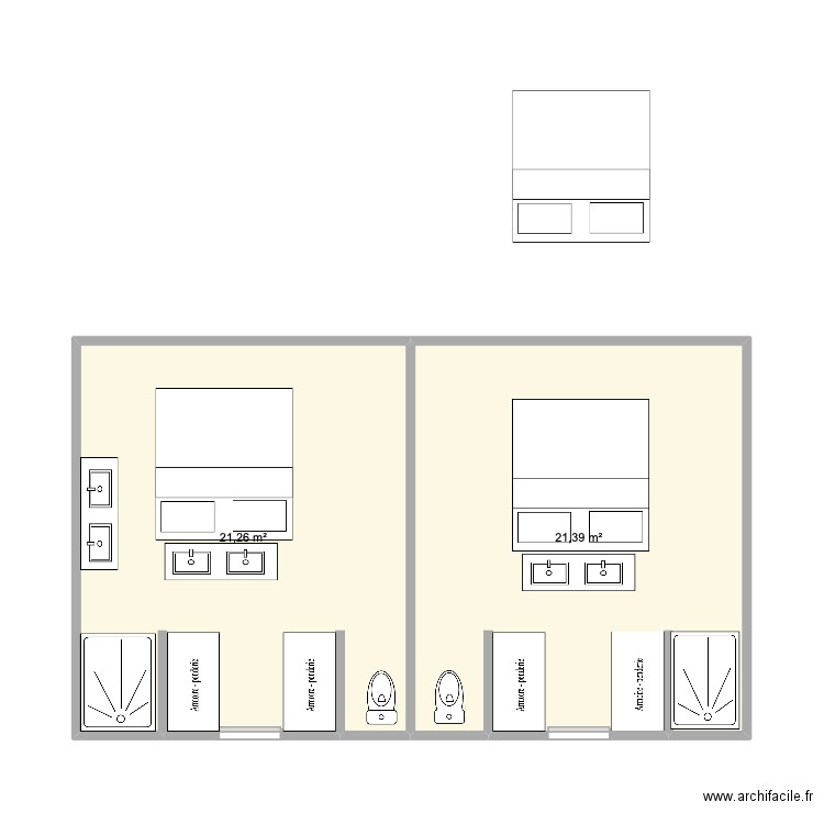twin room. Plan de 2 pièces et 43 m2