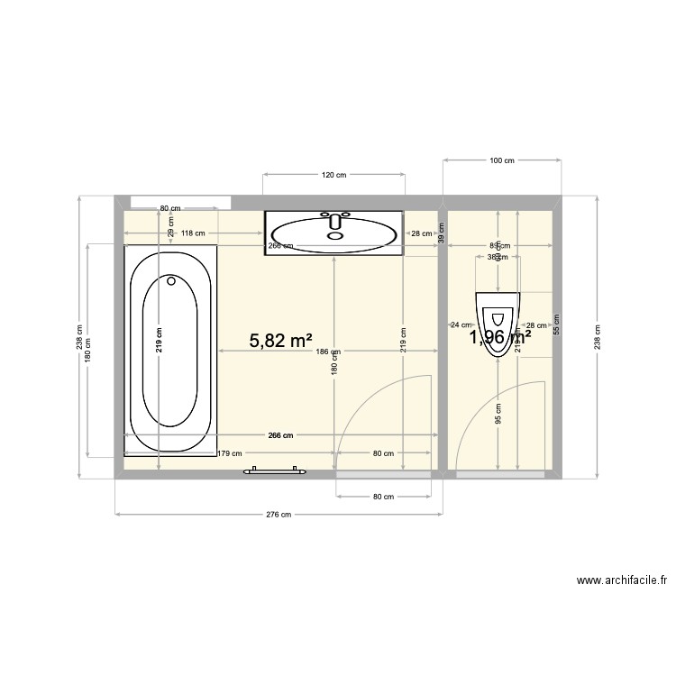 salle de bain RDC. Plan de 2 pièces et 8 m2