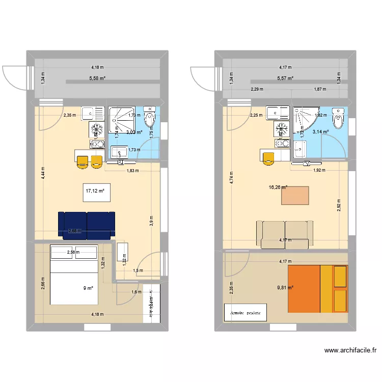 studio 2. Plan de 6  et 70 m²