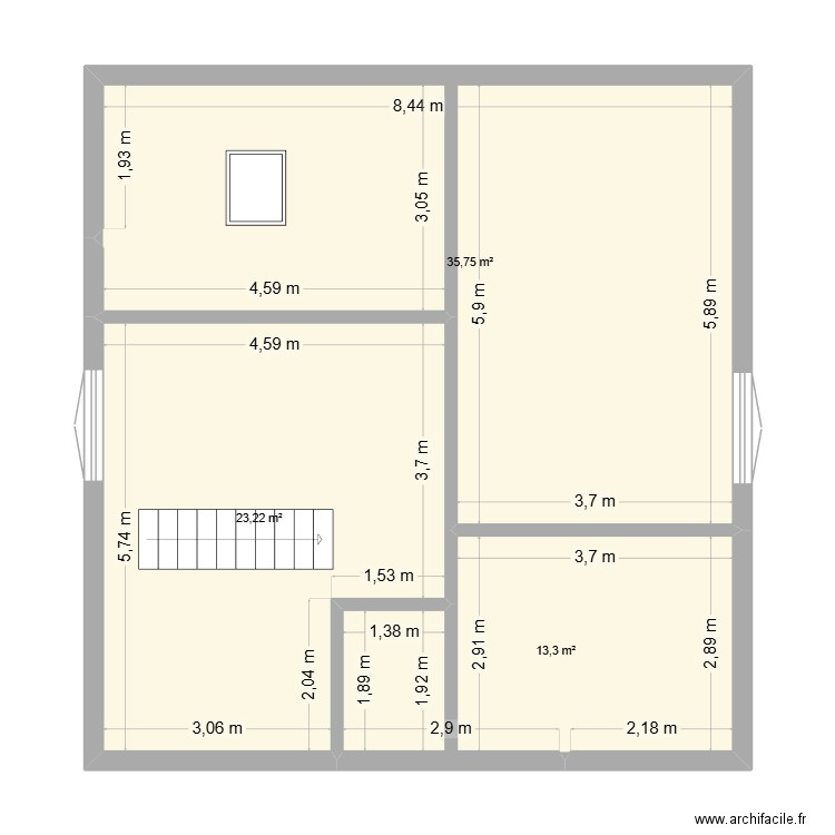 Comble 1. Plan de 3 pièces et 72 m2
