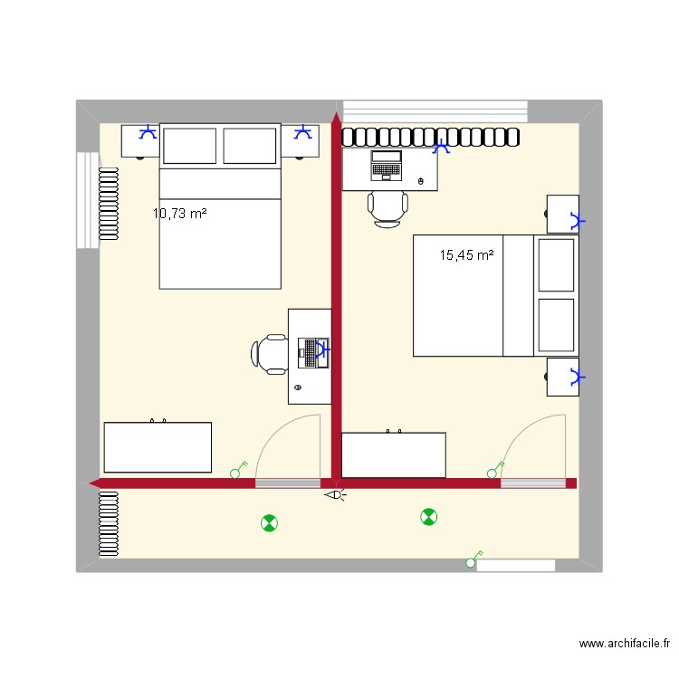 chambre fille. Plan de 2 pièces et 26 m2