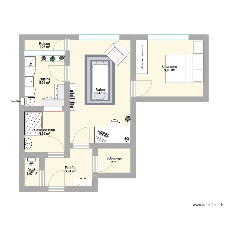 Apart. Plan de 8 pièces et 42 m2