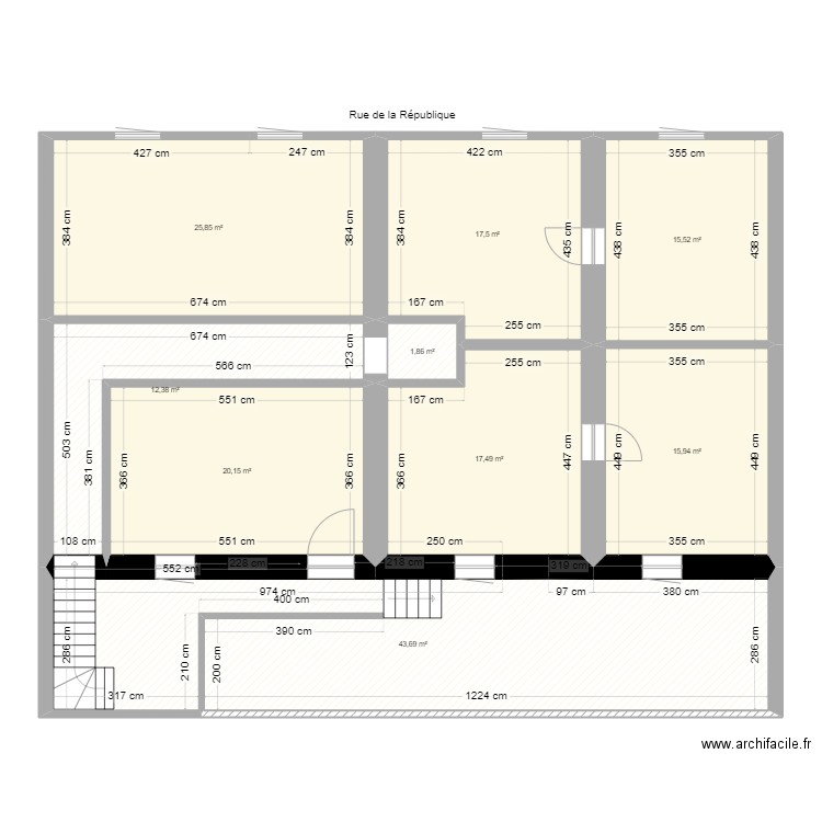 173 République R+1 réno light bis. Plan de 9 pièces et 170 m2