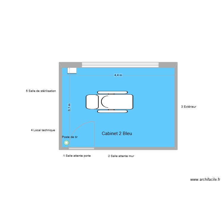 31293 Cabinet 2 bleu. Plan de 1 pièce et 14 m2