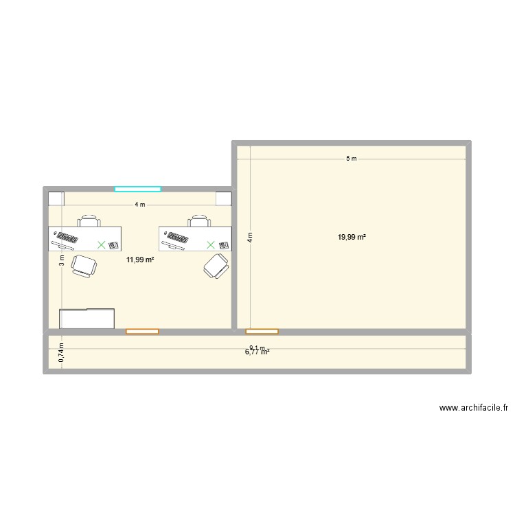 bureau comptabilité. Plan de 3 pièces et 39 m2