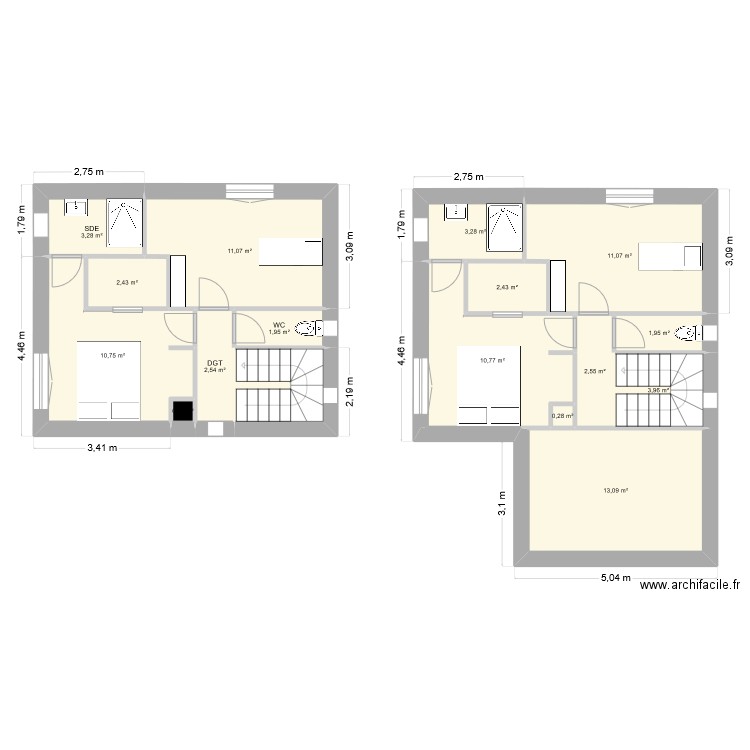 R+1. Plan de 17 pièces et 86 m2