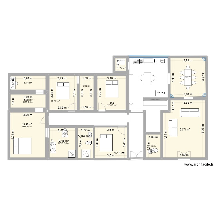 MLyv3. Plan de 13 pièces et 141 m2