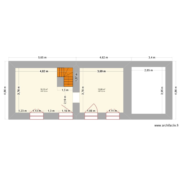 Maison existante. Plan de 2 pièces et 32 m2