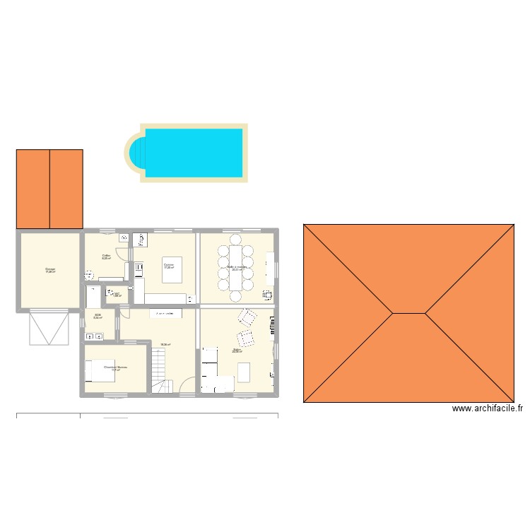 rdc. Plan de 8 pièces et 107 m2