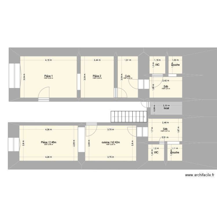 appart Droit. Plan de 12 pièces et 61 m2