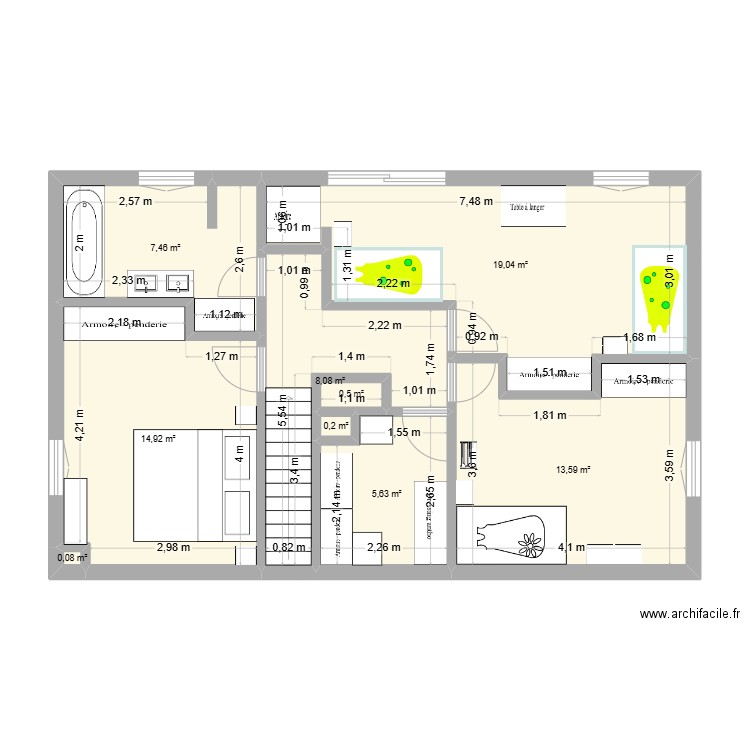 Etage new maison 1. Plan de 9 pièces et 69 m2