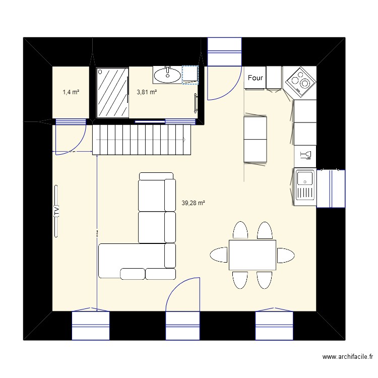 rdc maison annexe. Plan de 3 pièces et 44 m2