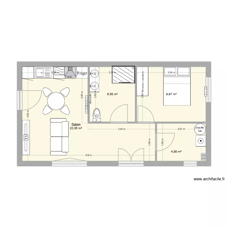 chalet atelier. Plan de 4 pièces et 44 m²