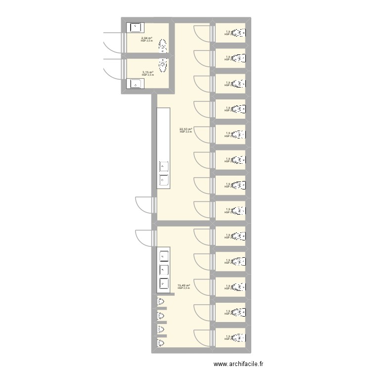 Projet bâtiment coworking. Plan de 17 pièces et 64 m2