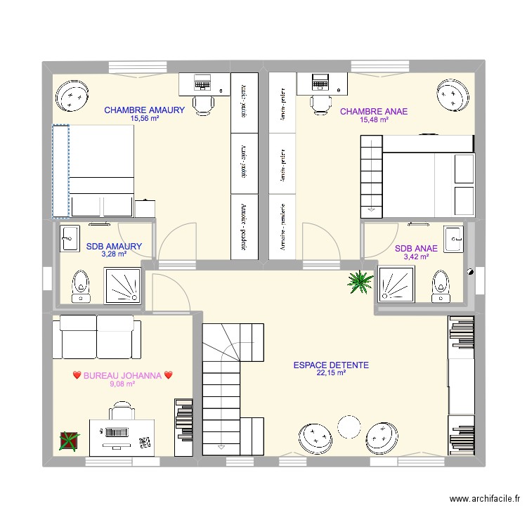 MAISON IA ETAGE R1. Plan de 8 pièces et 70 m2