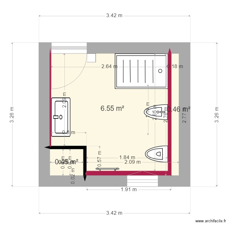 negre sdb 1 er 03/2024. Plan de 3 pièces et 7 m2