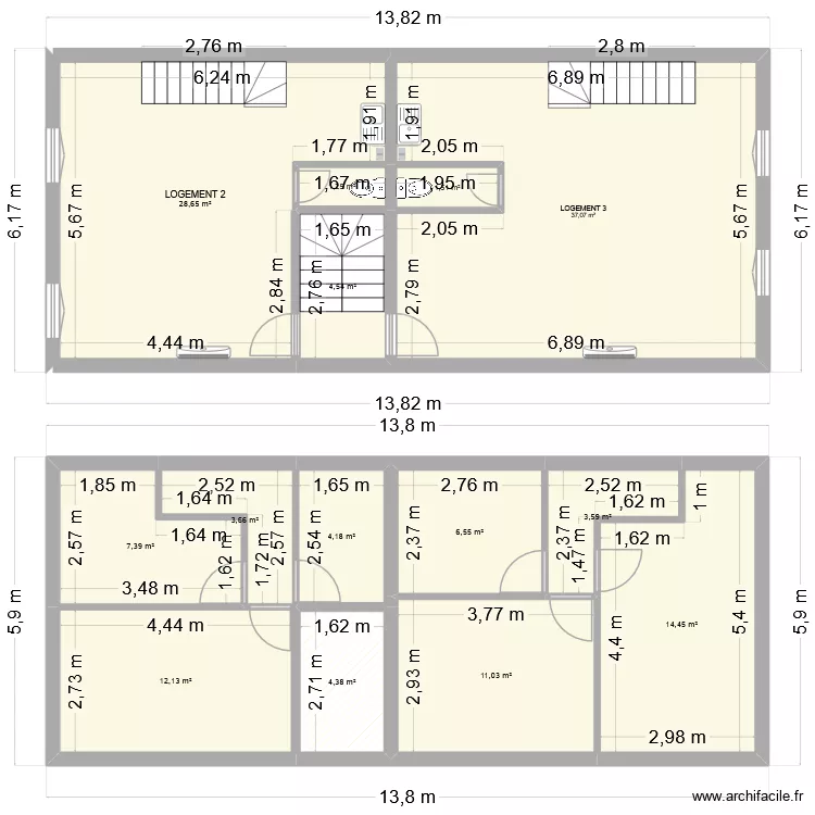 LOGEMENT 2 ET 3. Plan de 14  et 140 m²