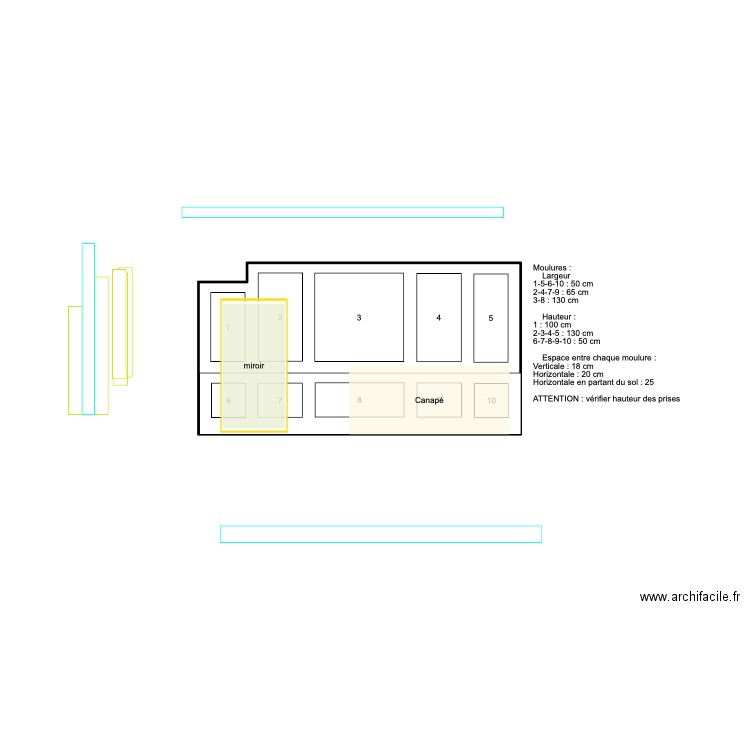 MOULURES N°8 - Modèle mur salle canapé . Plan de 1 pièce et 12 m2