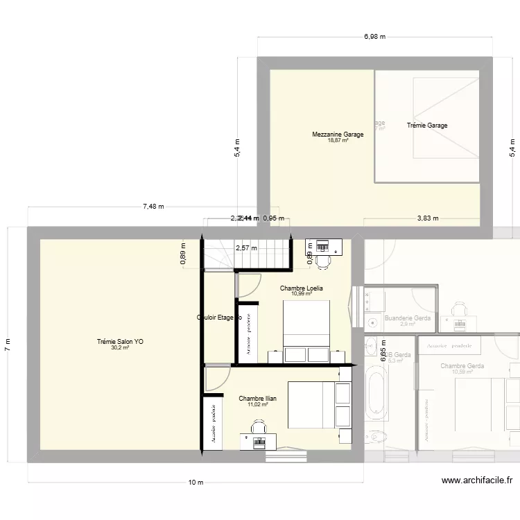 Projet Yo et G avec Mezz. Plan de 17  et 237 m²