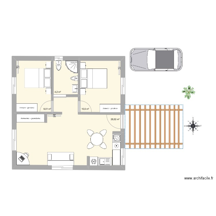 T2+1. Plan de 4 pièces et 52 m2